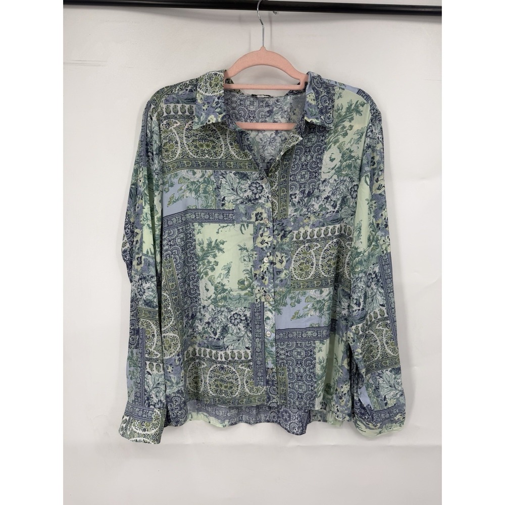 Rose & Olive Button Front Long Sleeve Floral Top Women XL Blue Whimsical Fairy